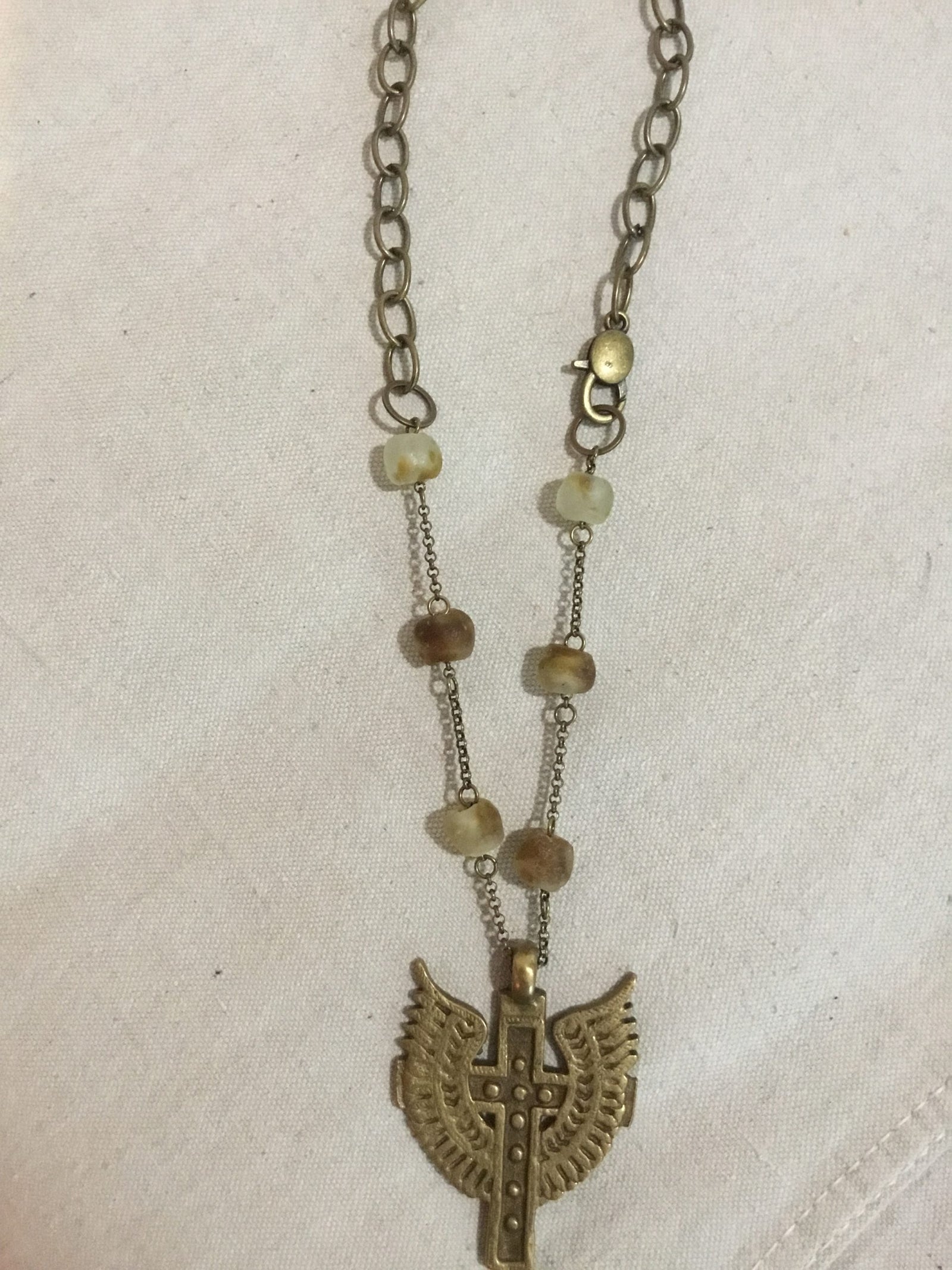Cross and Wings Necklace  Tan glass 198