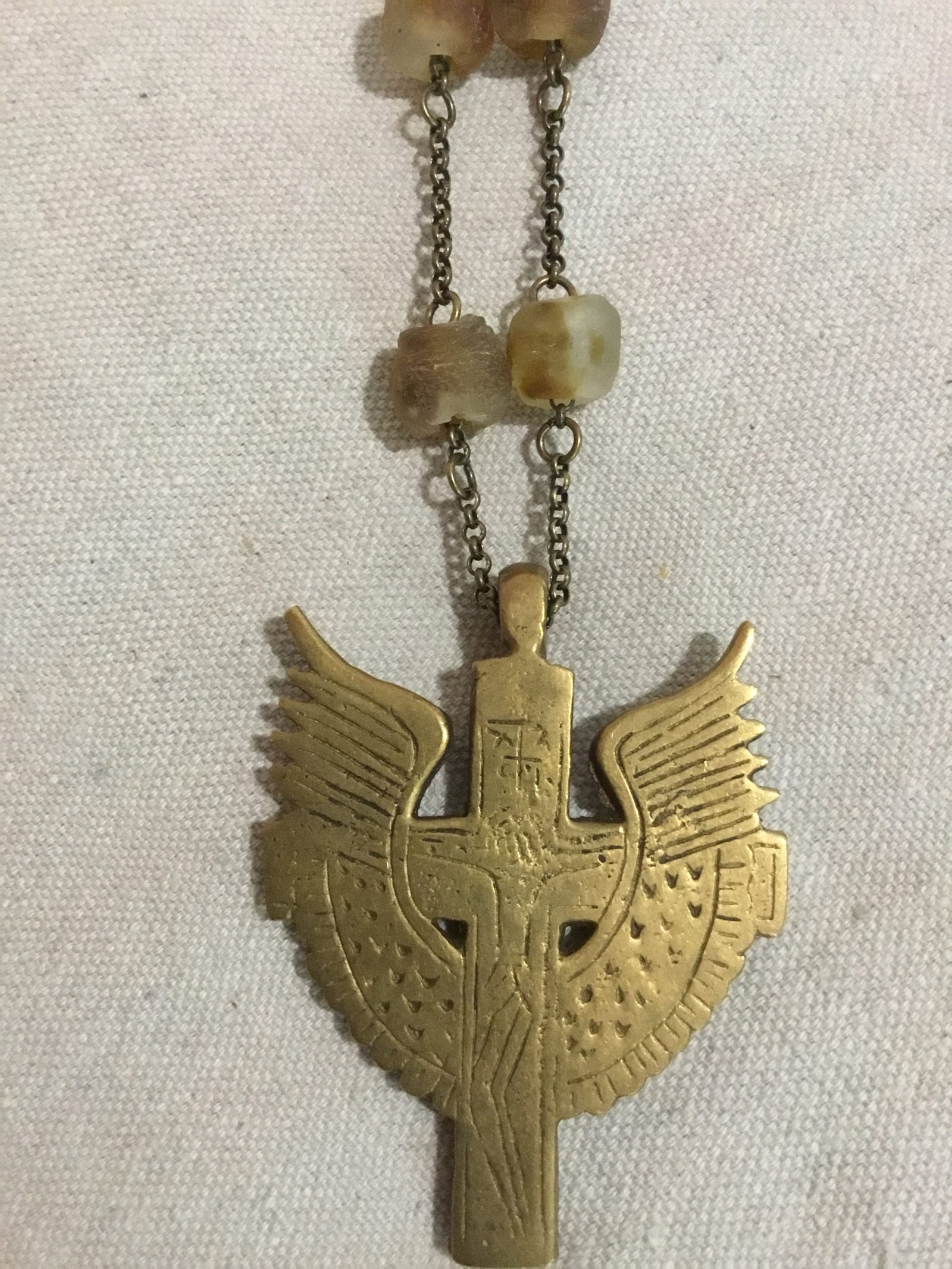 Cross and Wings Necklace  Tan glass 198
