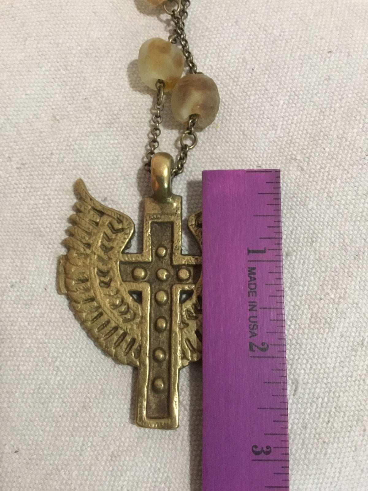 Cross and Wings Necklace  Tan glass 198